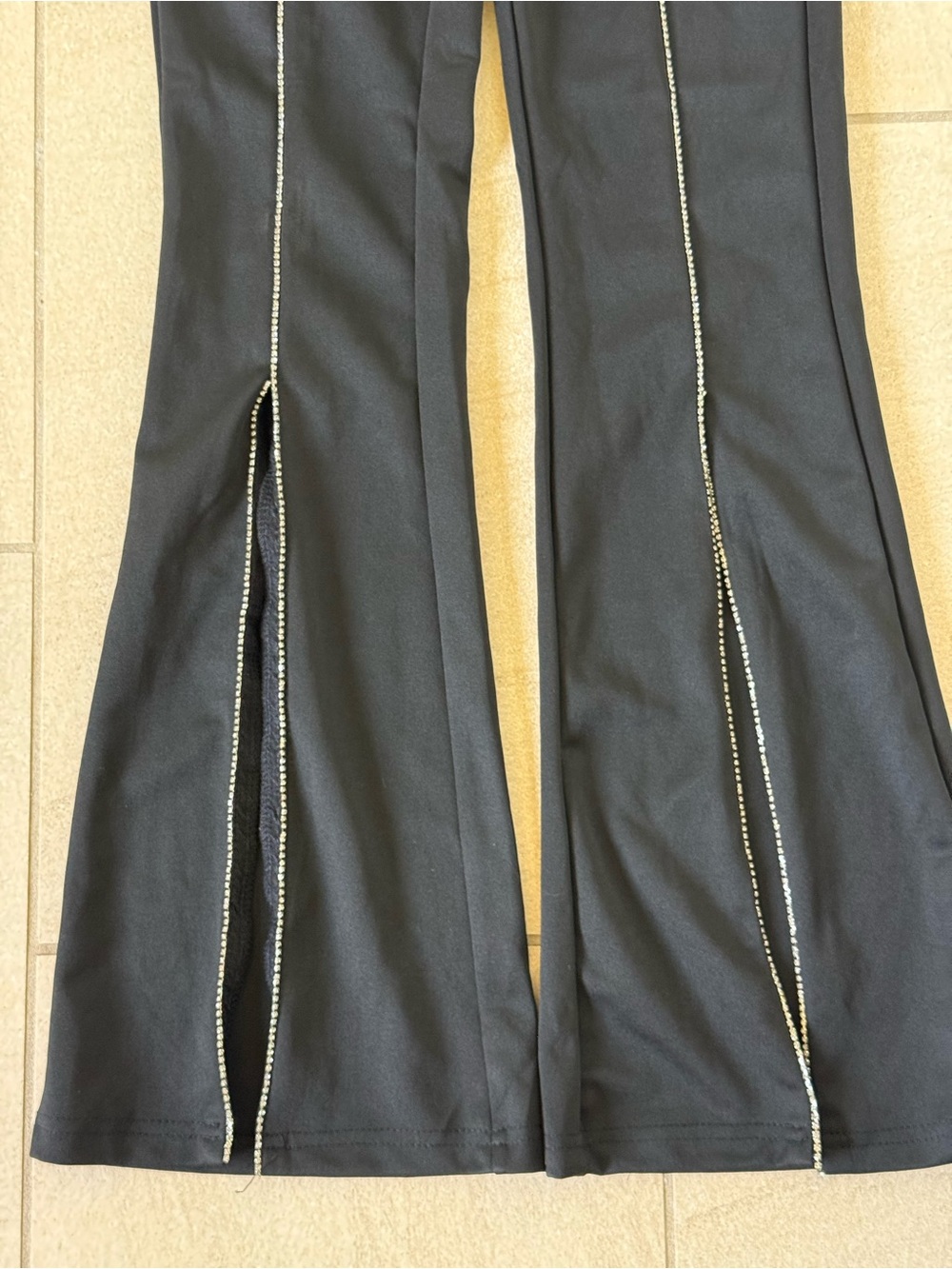 Black Split-Hem Flared Pants with Rhinestone Stitching - Picture 4 of 5